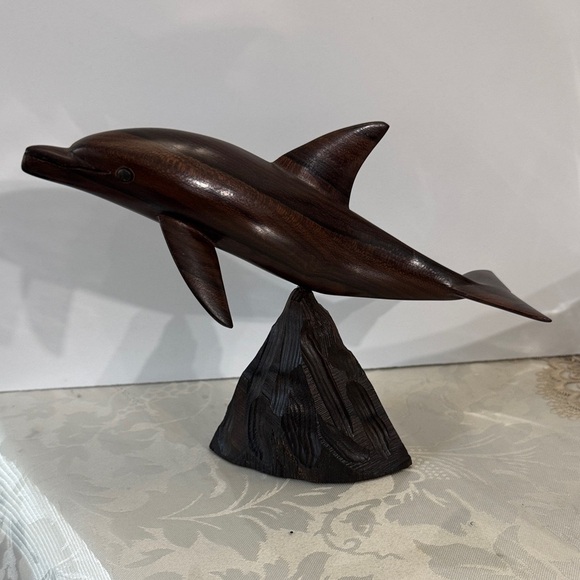 Other - Wooden Carved Dolphin Statue Sculpture On Stand Rustic Beach Nautical